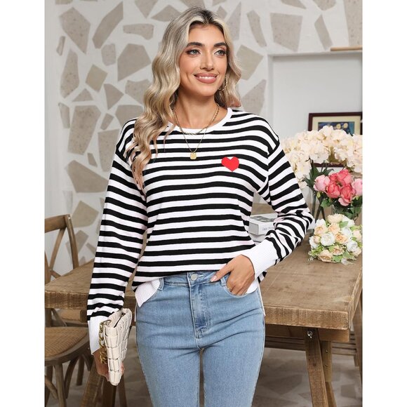 Womens Striped Sweater Long Sleeve Crew Neck Heart Pattern Casual Wear - Picture 3 of 8